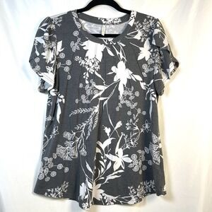 Anyhold Blouse Large Shirt Tunic Gray Cream Floral Cascading Short Petal Sleeve